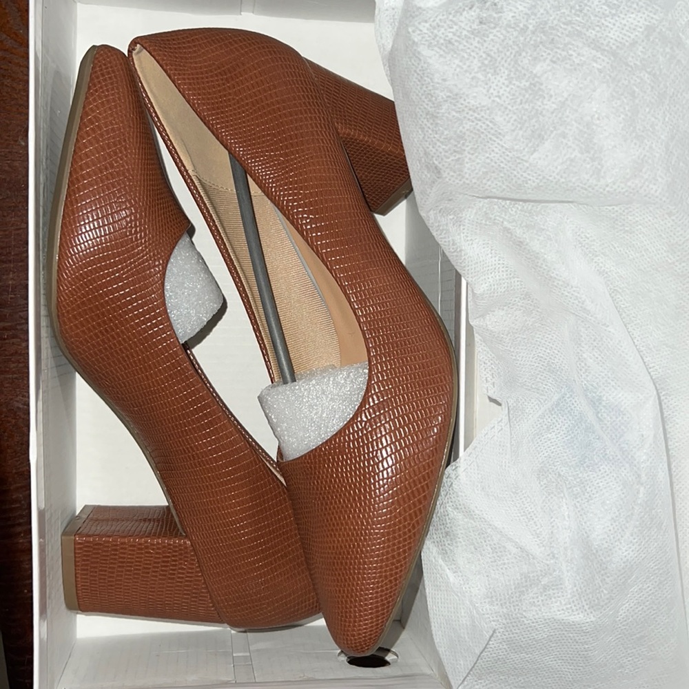 Snakeskin embossed point toe chunky heeled pumps
